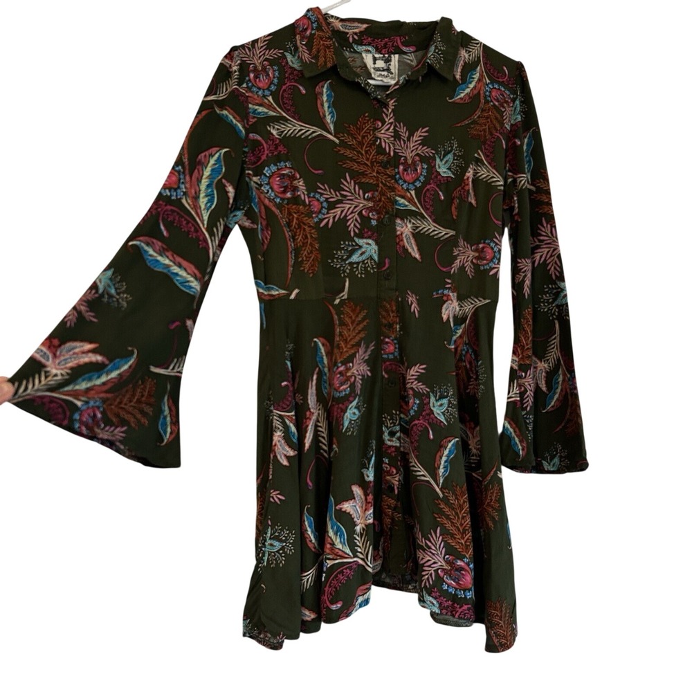 Jaase Rihana Shirt Dress Sz S Green Boho Floral Flare Sleeves Whimsigoth Button